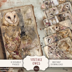 Pagine di diario vintage con gufo stravagante, 6 fogli per album digitali, 11 x 8,5", stampabili, beige neutro, uccelli, foresta, autunno, WHO1