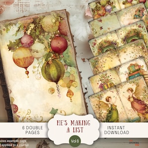 Può includere: Un diario in stile vintage con un'illustrazione ad acquerello di ornamenti e fogliame appesi. Il diario è aperto, mostrando una pagina vuota. L'immagine mostra anche diverse pagine doppie con illustrazioni. Il testo sull'immagine recita "He's Making a List" e "Instant Download".