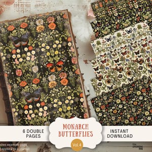 Borboletas monarcas Junk Journal Paper 6 papéis de scrapbook digital 11 x 8,5" para impressão Whimsical Victorian Library Vintage Butterfly INMO4