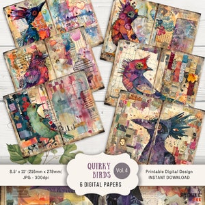 May include: Six digital papers featuring whimsical, colorful, and abstract bird illustrations. Each paper is a collage of textures, patterns, and colors, creating a unique and artistic look. The papers are 8.5 inches by 11 inches and 300 dpi.