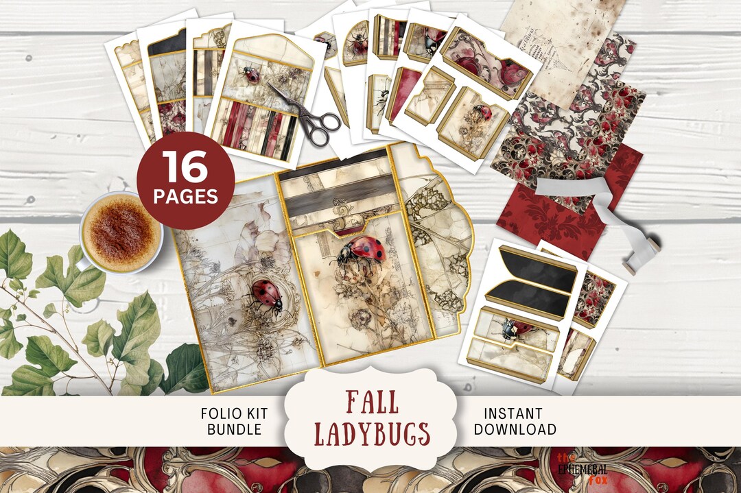Fall Ladybugs Junk Journal Folio Kit, 16 Digital Mix and Match Pages ...