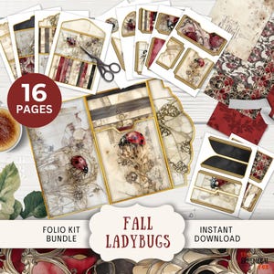 Peut inclure: Un ensemble de papiers de scrapbooking et d'éphémères sur le thème de l'automne. Le kit comprend divers papiers, enveloppes et éléments décoratifs avec des coccinelles et des motifs floraux. Les mots "Fall Ladybugs" et "16 Pages" sont visibles.