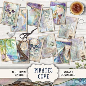 Tarjetas de diario basura de la Isla del Tesoro, 12 postales digitales ATC imprimibles, efímeras, manualidades de papel, piratas, océano, mar, navegación, playa, acuarela PICV