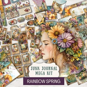 Rainbow Spring PAKET Skräppostkalender Utskrivbara papper Etiketter Biljetter kuvert vintage minikort filmetiketter trebladiga folio mega blommig RBSP