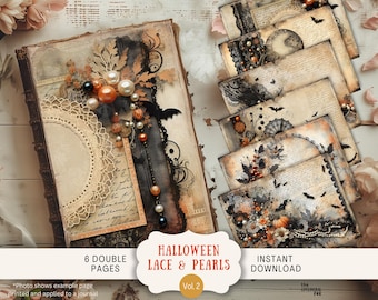 May include: A vintage-style Halloween-themed journal with decorative elements. The journal features a lace design, pearls, and a bat silhouette. The image also includes several decorated pages with floral and bat motifs, and the text "Halloween Lace & Pearls".