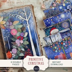 Primitive Blue Christmas Junk Journal Pages 6 Digital Scrapbook Papers 11 x 8,5" Printable Rustic Country winter Blue Yule Santa Tree PICH