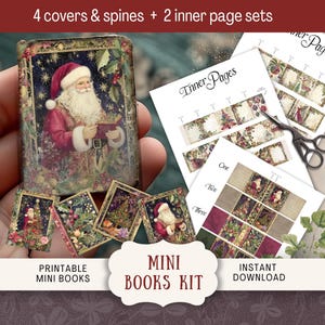 Puede incluir: Un kit de mini libros con una ilustración de Papá Noel en la portada. El kit incluye cubiertas, lomos y páginas interiores con diseños festivos. El texto "Mini Books Kit" y "Instant Download" son visibles.