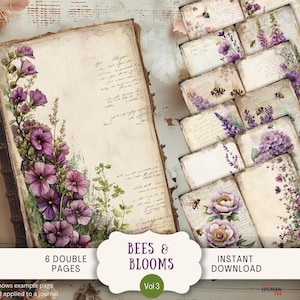 Peut inclure: Un journal de style vintage et plusieurs cartes avec des illustrations florales et d'abeilles. Le journal présente des fleurs violettes et une écriture manuscrite. Les cartes affichent divers motifs floraux et des abeilles. Le texte sur l'image indique "BEES & BLOOMS" et "INSTANT DOWNLOAD".