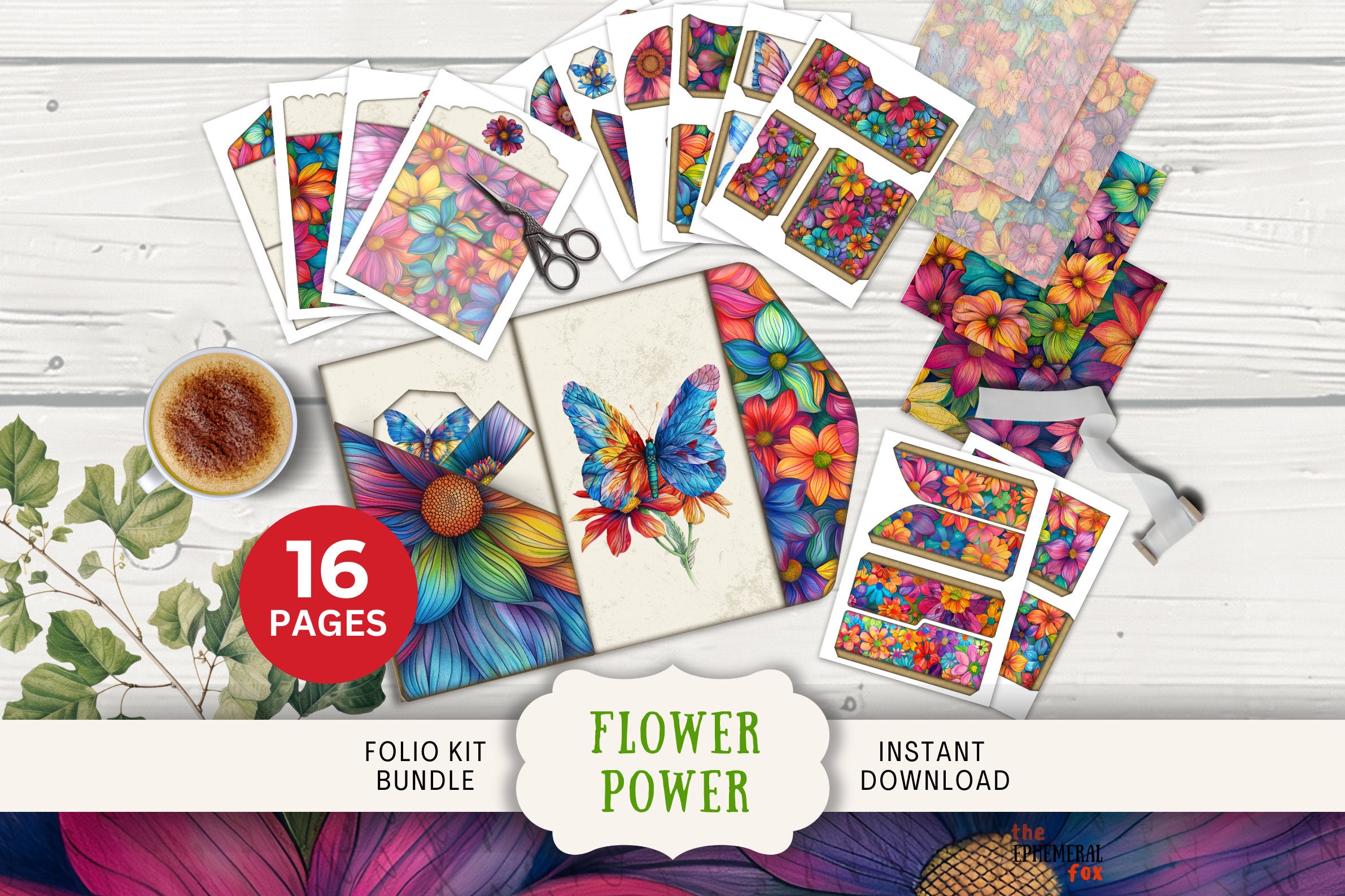 70s Flower Power Hippie Junk Journal Folio, 16 Digital Mix and Match Pages and Pockets, 11 x 8.5" Digital Printables bright Ephemera Trifold