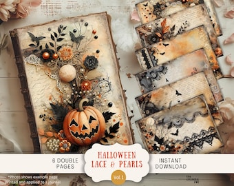 Könnte beinhalten: Ein Halloween-Themen-Journal und Ephemera-Set im Vintage-Stil. Das Journal zeigt einen geschnitzten Kürbis, florale Akzente und Spitzendetails. Das Set enthält sechs Doppelseiten und zusätzliche Ephemera mit Fledermäusen und Spitze. Die Farbpalette umfasst Orange, Schwarz und Creme.