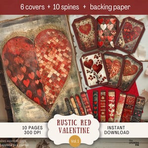 Kit de cubierta: cubiertas y lomos de diario basura rústicos de San Valentín en rojo, carta de EE. UU., 300 DPI, cubierta de libro, adorno imprimible, corazones románticos, amor, país, RRVA