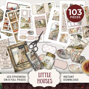 Little Houses Junk Journal Ephemera Kit- Tags Tickets envelopes ATC cards labels scraps frames snippets,vintage home, pastel cottage LTHS