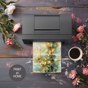 May include: A printer with a sheet of paper featuring a dragonfly design being fed into the printer. The paper has a vintage look with faded writing and a watercolour effect. The text "PRINT at HOME" is visible in the bottom left corner of the image.