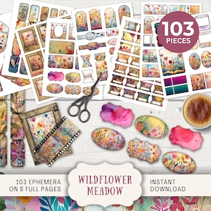 Kit de efímeras de diario basura Wildflower Meadow: etiquetas, tickets, minisobres, minitarjetas, etiquetas, tiras de película, marcos y pestañas, flores pastel WFME