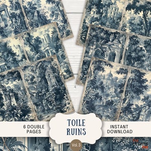 Pages de journal indésirable toile ruines, 6 pages de scrapbooking numérique, journal éphémère imprimable 11 x 8,5 po, journal d'art, toile de Jouy bleue chinoise