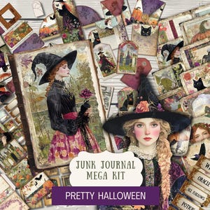 May include: A selection of vintage Halloween-themed ephemera, including journal pages, tags, and cards. The images feature witches, black cats, and pumpkins in a muted colour palette. Text on the image reads "Junk Journal Mega Kit" and "Pretty Halloween."