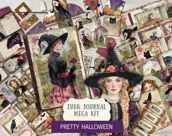 May include: A collection of vintage-style Halloween ephemera, including journal pages, tags, and cards. The images feature witches, black cats, and pumpkins in a muted color palette. Text on the image reads "Junk Journal Mega Kit" and "Pretty Halloween."