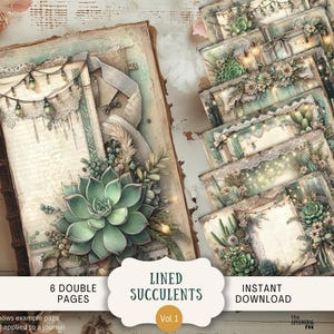 Páginas rayadas para diario basura con suculentas, 6 papeles digitales para álbumes de recortes, 11 x 8,5 pulgadas, estilo desierto, con líneas, estilo shabby chic, cactus, encaje bohemio vintage, plantas LISC