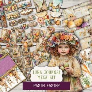Pastel Easter BUNDLE Junk Journal Kit Printable Papers Tags Tickets Umschläge Vintage Minikarten Filmetiketten Trifold Folio Mega Eier RPES