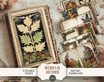 May include: A vintage-style journal with a pressed leaf design and a collection of decorative paper pages. The journal features the text "Medieval Autumn Vol 2" and "6 Double Pages". The pages have floral and botanical illustrations.