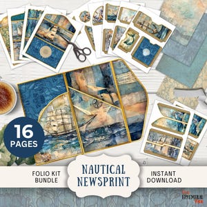Nautisches Zeitungsdruckpapier Junk Journal Folio, 16 Digital Mix und Match Seiten & Taschen 11 x 8,5 "Printable dreifache Ocean Coast Segeln Küste NALP