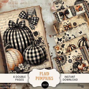 Black & Orange Halloween Pumpkins Junk Journal Pages 6 Digital Scrapbook Papers 11 x 8.5" Art Printable Toile Chinoiserie Gingham Bow HWPK
