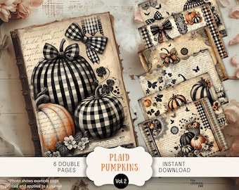 Könnte beinhalten: Sechs doppelseitige druckbare Seiten mit schwarzen und weißen karierten Kürbissen, Herbstblättern und Vintage-Text. Die Seiten sind für die Verwendung in einem Journal oder einem Scrapbook konzipiert. "Plaid Pumpkins Vol. 2" ist auf dem Cover gedruckt.