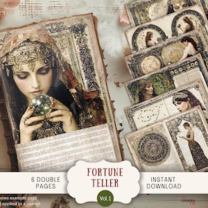 Diario della cartomante, pagine da 6, carta per scrapbooking digitale, formato lettera USA, stampabile, sfera di cristallo mistica, zingara, tarocchi celesti, magici FTTR1