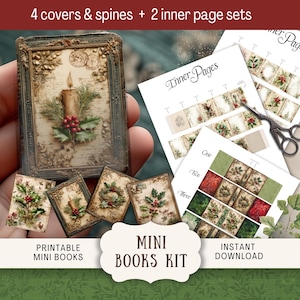 May include: A miniature book kit with a vintage Christmas theme. The kit includes four covers and spines, two inner page sets, and the text "Mini Books Kit" and "Instant Download". The covers feature images of candles, holly, and wreaths.