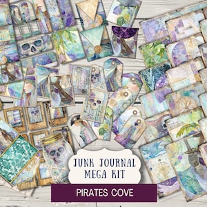 Pacote Treasure Island Junk Journal Kit Papéis imprimíveis Etiquetas Ingressos Envelopes Mini-cartões vintage Etiquetas de filme Três dobras Fólio Mega PICV