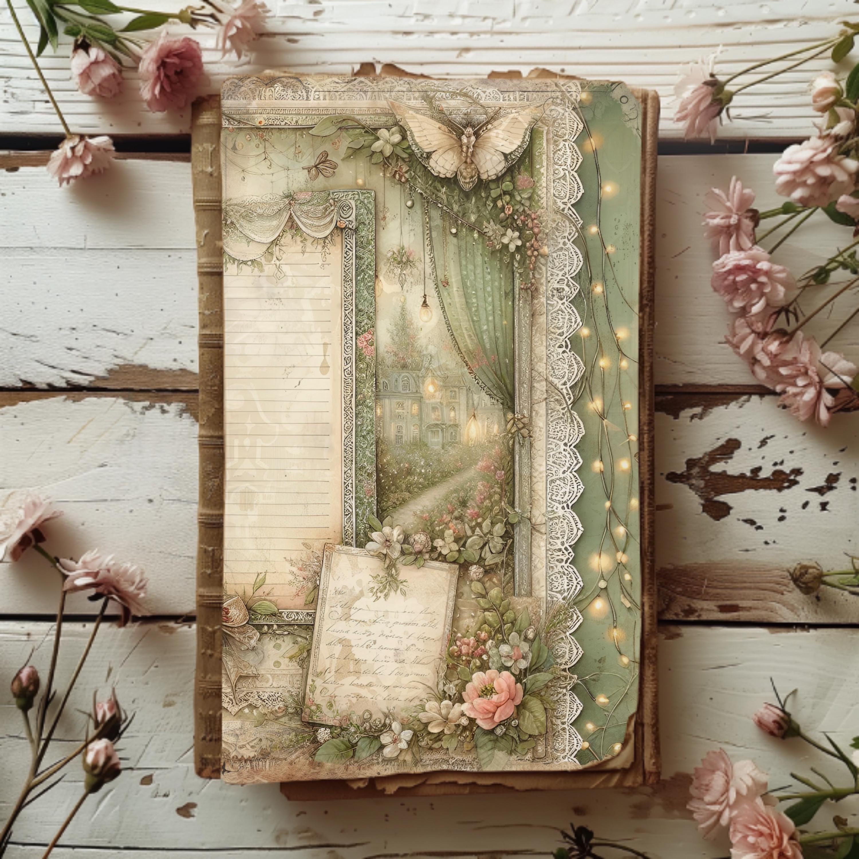 Lined Sage Green Junk Journal Pages 6 Digital Scrapbook Paper 11 X 8.5 ...