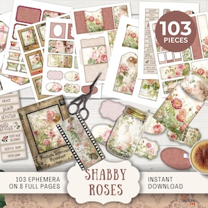 Shabby Roses Junk Journal Ephemera Kit- Tags Tickets envelopes ATC cards labels scraps frames snippets,boho floral pastel vintage style SHRS