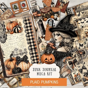 May include: A collection of Halloween-themed junk journal ephemera. The image features a central journal with pumpkin illustrations, surrounded by tags, papers, and a witch illustration. The color palette includes orange, black, and cream.