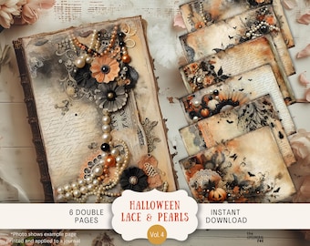 Könnte beinhalten: Sechs doppelseitige Seiten mit Halloween-Thema mit Spitze, Perlen und Vintage-inspirierten Designs. Die Seiten sind auf strukturiertem Papier gedruckt und perfekt für Scrapbooking, Kartenherstellung oder andere Papierarbeiten.