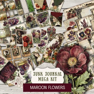 Lot de fleurs marrons pour ordures ménagères, papiers imprimables, étiquettes, billets enveloppes, mini-cartes vintage, étiquettes de film folio méga botanique rouge PICV