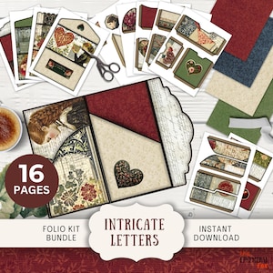 Love Letters Junk Journal Folio Kit, 16 páginas digitais para misturar e combinar e bolsos 11 x 8,5" tríptico para impressão Intrincado dia dos namorados LVIP