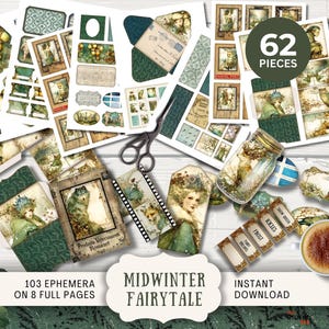 May include: A collection of vintage-style ephemera with a fairytale theme. The image includes paper cutouts, tags, and labels with illustrations of women, animals, and botanical elements. The text reads "Midwinter Fairytale" and "Instant Download".