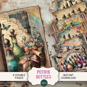Pagine di diario spazzatura con bottiglie di pozioni di Halloween, 6 fogli di carta per album digitali, 11 x 8,5 pollici, fiale magiche spettrali per medicinali da farmacia HWPB1