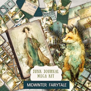 Pode incluir: Uma coleção de efemérides de papel em estilo vintage, incluindo páginas de diário, etiquetas, envelopes e elementos decorativos. O kit apresenta ilustrações de uma mulher em um vestido esvoaçante, uma raposa e cenas de inverno. O texto na imagem diz "Junk Journal Mega Kit" e "Midwinter Fairytale."