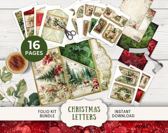 Christmas Letters Junk Journal Folio Kit, 16 Digital Mix and Match Pages & Pockets, Printable trifold festive cottage holly nostalgic CHLT