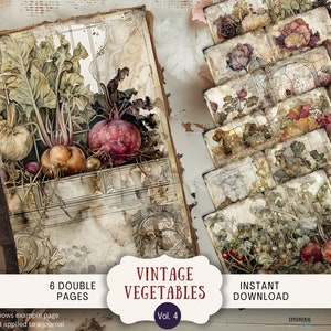Vintage jardin potager indésirable pages, 6 pages de scrapbooking numérique 11 x 8,5" Art imprimable journal éphémères, patch végétarien victorien VVEG