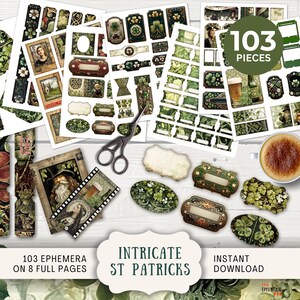 Kit éphémères pour la Saint-Patrick - Tags Billets Mini-enveloppes, mini-cartes étiquettes Bandes de film cadres onglets trèfle vintage irlandais SPIP