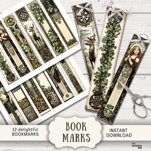 以下が含まれることがあります： 鹿、女性、ケルトノットなどの画像を含む、さまざまなデザインのヴィンテージスタイルのブックマークのコレクション。 ブックマークは緑の葉と装飾的な要素で装飾されています。 「BOOK MARKS」というテキストが表示されています。