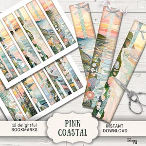 May include: A collection of watercolor bookmarks with coastal landscape designs in pink, blue, and green hues. The image includes the text "Pink Coastal" and "12 delightful bookmarks". Some bookmarks have ribbons.
