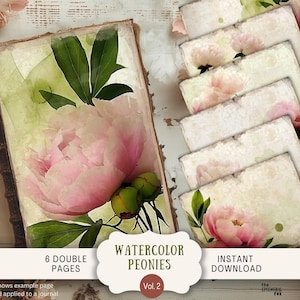 Páginas de diario basura Peony 6 papeles de álbum de recortes digitales 11 x 8,5" Arte imprimible acuarela pastel tinta con alcohol flores caprichosas rosas FRPE floral