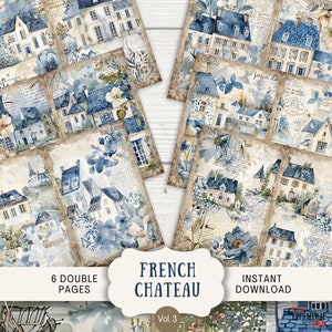 Franse Chateau Junk-dagboekpagina's, 6 digitale plakboekpagina's, 11 x 8,5" afdrukbaar dagboek, Ephemera, Art Journal, chinoiserie blauwe stad Parijs