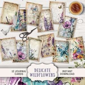Cartes de journal indésirables délicates fleurs sauvages, 12 cartes ATC numériques, journal imprimable éphémères, journal de portrait d'art vintage artisanal en papier floral