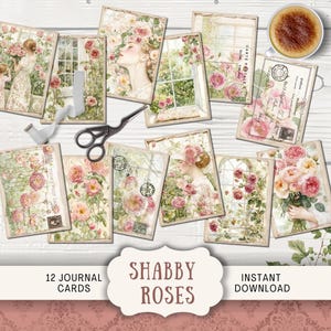 Shabby Roses Junk Journal Cards 12 Digital ATC Postcards Printable Ephemera, Paper Craft romantic vintage floral cottage watercolor SHRS
