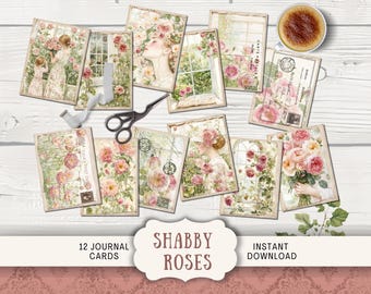 Shabby Roses Junk Journal Cards 12 Digital ATC Postcards Printable Ephemera, Paper Craft romantic vintage floral cottage watercolor SHRS
