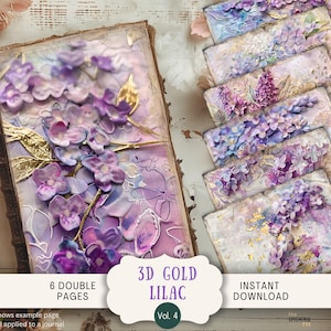 Lila ongewenste dagboekpagina's 6 digitaal plakboekpapier 11 x 8,5" kunst afdrukbare paarse 3d lila bloemen mixed media vintage leeftijd vintage GL3D